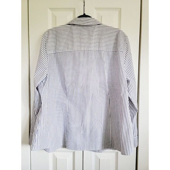 Chico's 3 White/Blue Striped Blouse Button Down XL Silver Metallic Accent Stripe - Picture 2 of 6